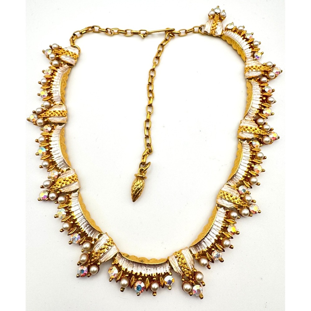 Vintage Crown Rhinestone Necklace Earring Set White Enamel AB Faux Pearl MCM
